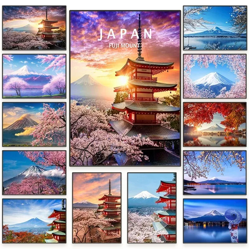 Japanese Tourist Attraction Fuji Mount Landscape Art Poster Fuji Mountain Sakura Lake Scenery Canvas Painting Room Home Decor