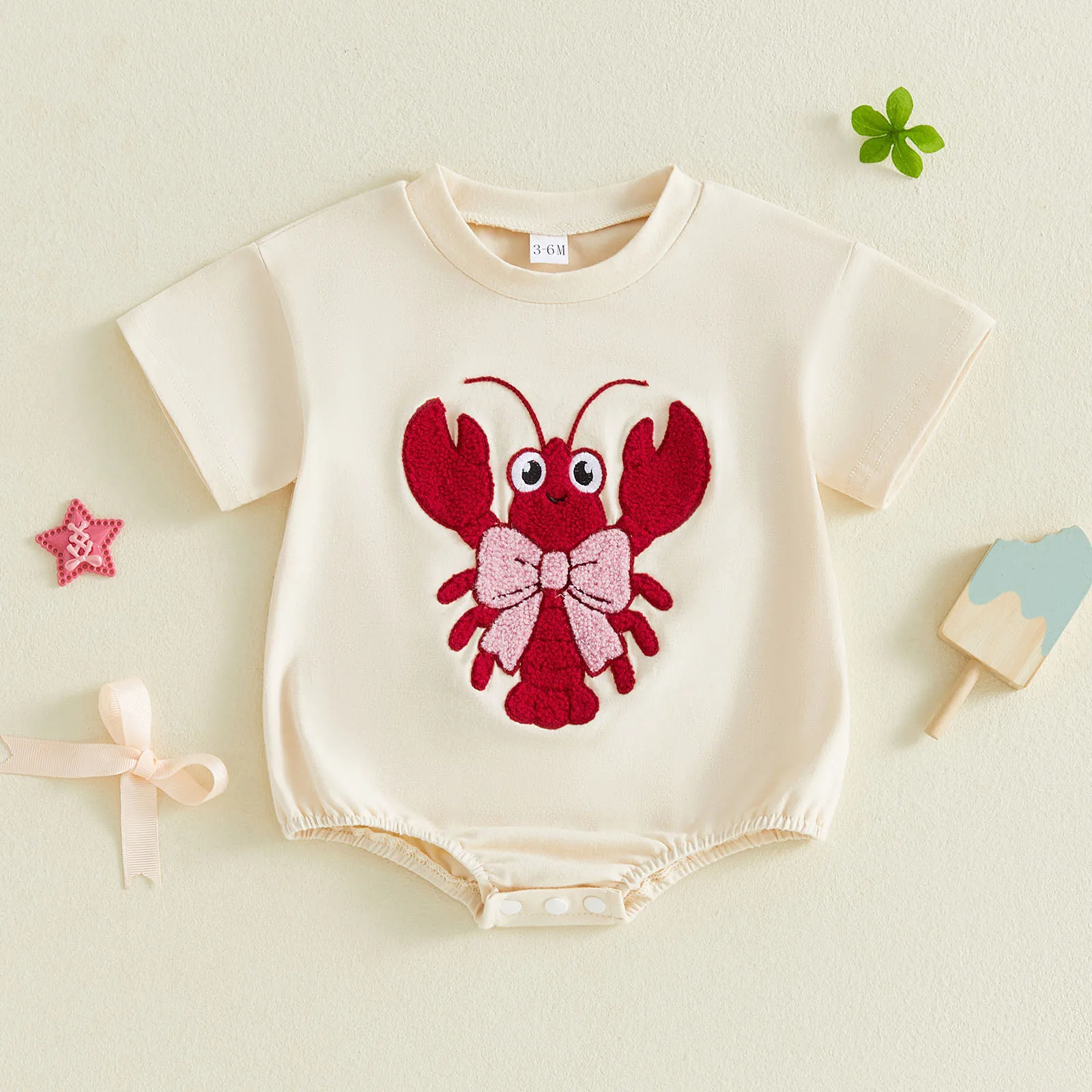 

Baby Girl Summer Romper Loose Fit Lobster Embroidered Crew Neck Short Sleeve Infant Jumpsuit