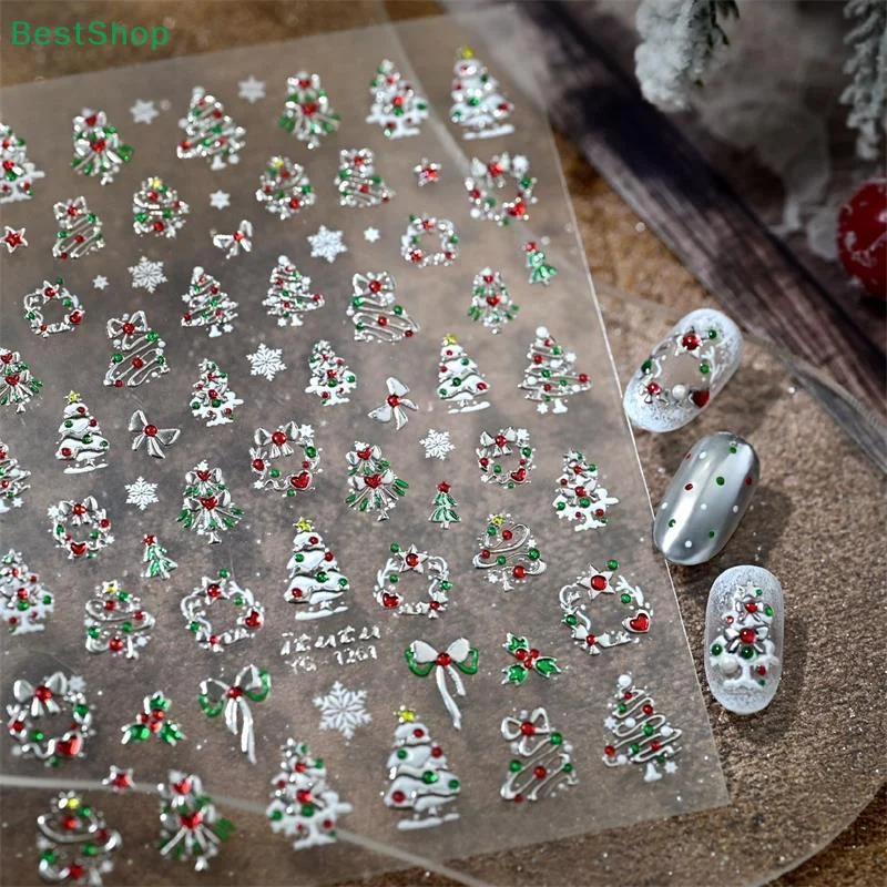 ♥ Autocollant pour Nail Art sur le thème de noël, décalcomanies 3D en Relief pour arbre de noël/couronne/renne, décor de manucure auto-adhésif à faire soi-même