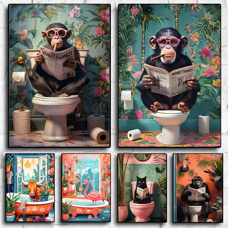 Lustiger Affe, der Zeitung auf der Toilette liest, Leinwanddruck, schwarze Katze, Tier, Badezimmer, Wandkunst, Poster für moderne Wohnzimmer- und Heimdekoration