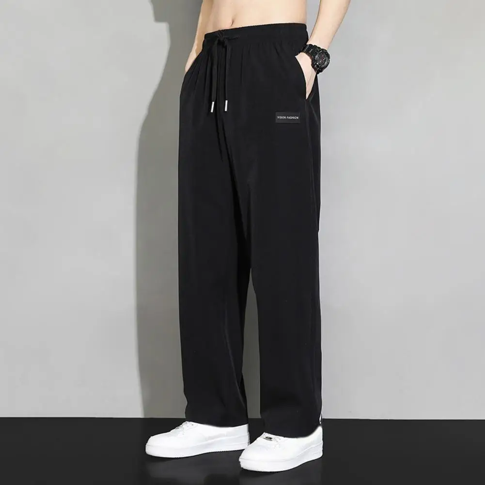 

Men Sweatpants Ice Silk Drawstring Elastic Waist Straight Wide Legs Pockets Casual Pants Summer Sports Pants Jogging Trousers