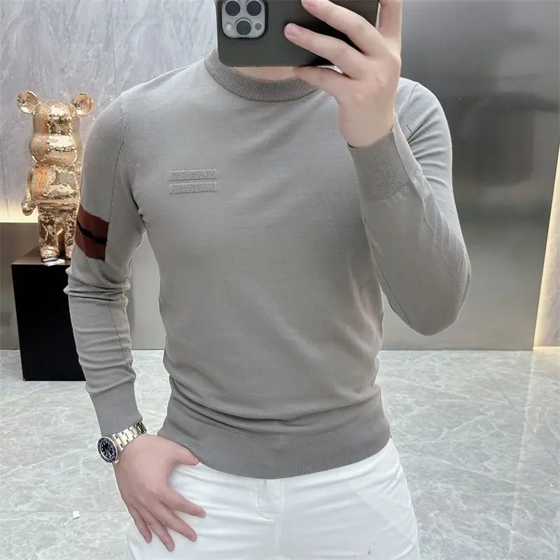 Smart Casual Autumn Winter Sweaters Men O-Neck Solid Patchwork Elastic Fashion Luxury Business Long Sleeve Pullovers Knitted Top