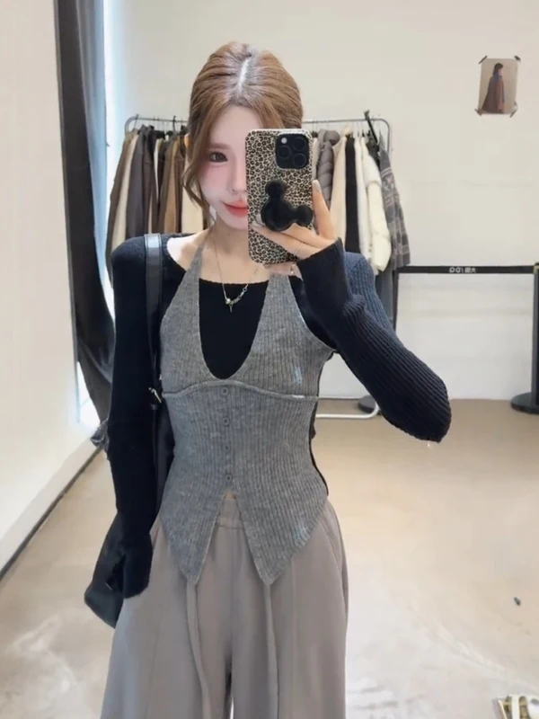 

Корейский дизайн Sense Fake из двух частей Hanging Ne Color Blo Long Sve Вязаный топ Женский осенне-зимний новый элегантный топ ...