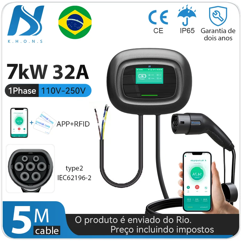 

Khons EV Wallbox Type2 32A Electric Car Charger 7kw Electric Vehicle Charging Station EVSE 5M Cable for BYD Tesla