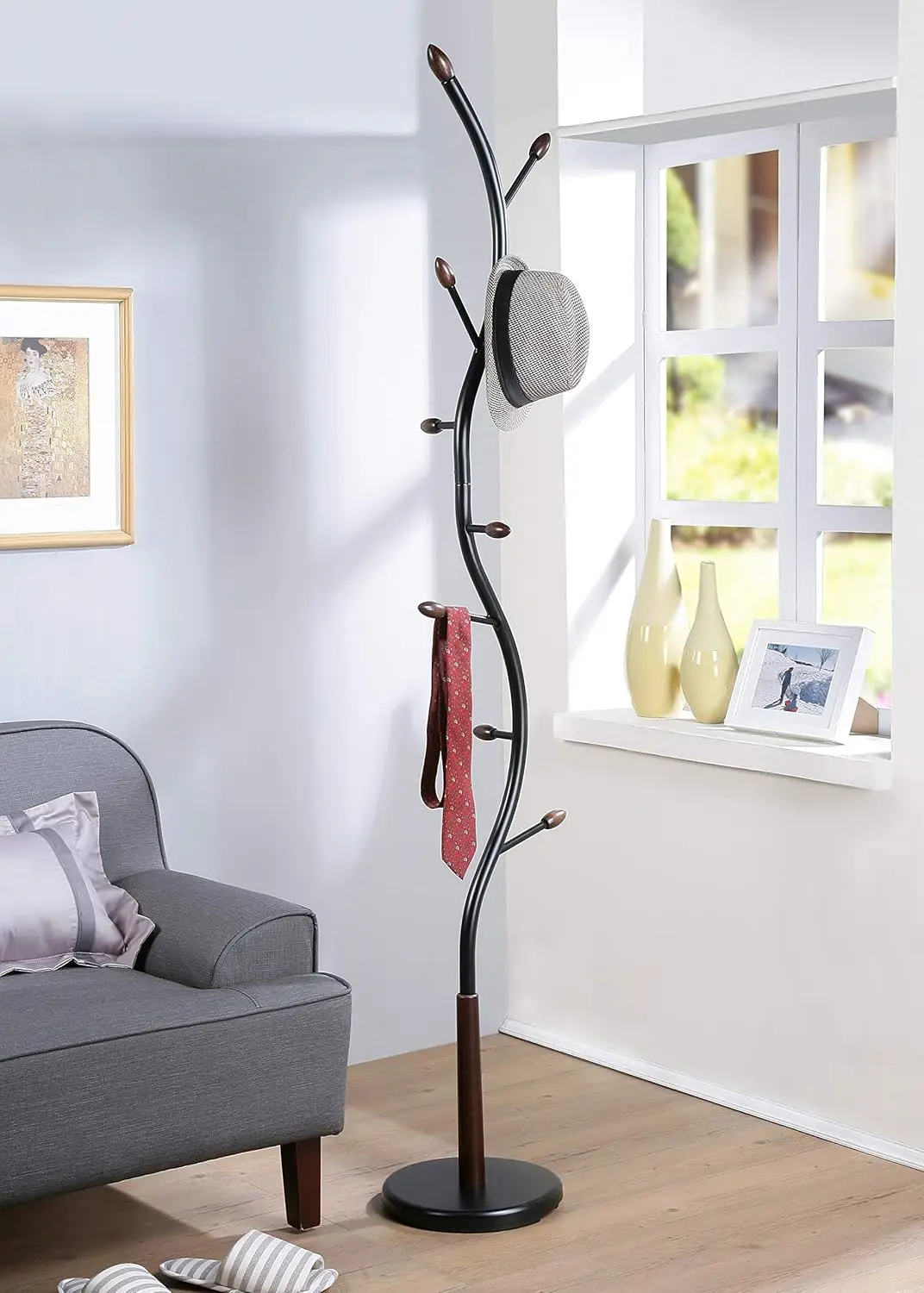 

Furniture Arles Metal Black and Walnut Standing Coat Rack