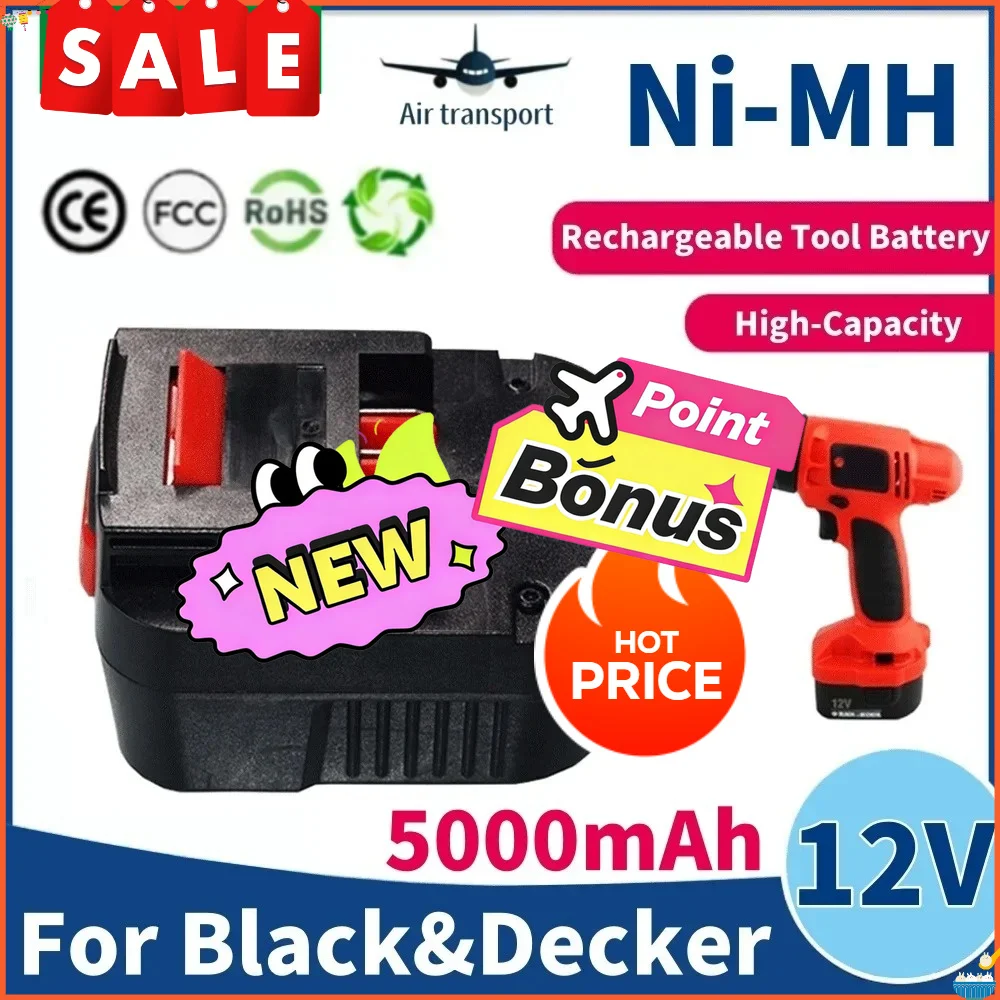 12V 5000mah RechargeableTool Battery forBlack&Decker A12 A12EX FSB12 FS120B A1712 HP12K HP12 Ni-MH Replacement Drill Battery