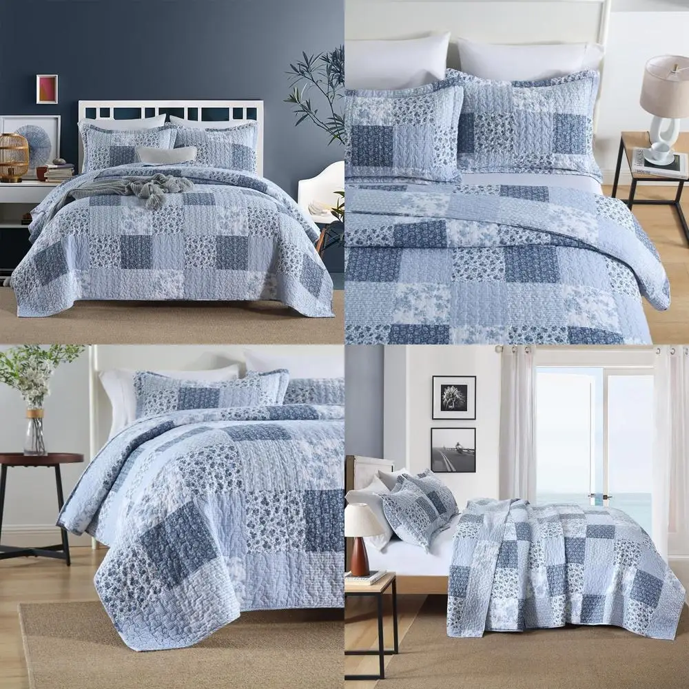 

Reversible Cotton Quilted Bedspread Set with Rustic Floral Design in White and Blue Patchwork