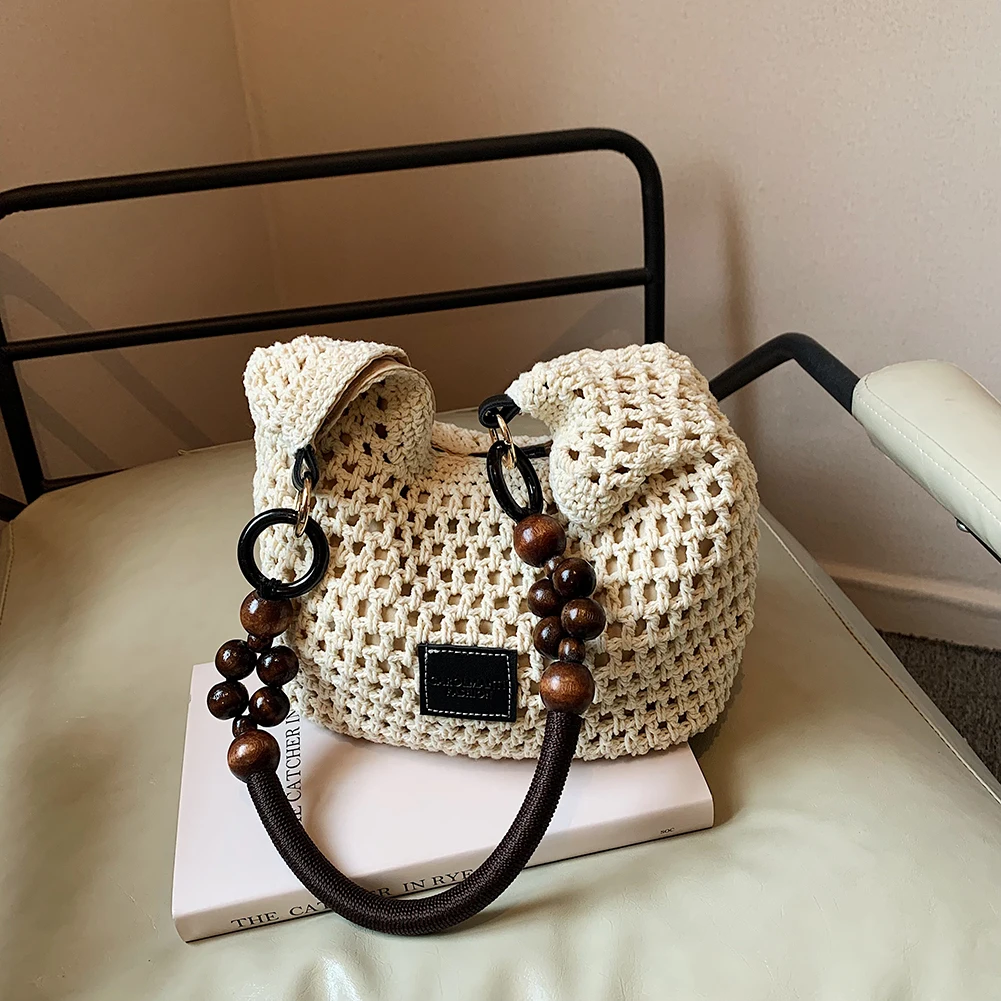 حقيبة شاطئ صيفية للنساء بحزام قابل للتعديل حقيبة كتف منسوجة ذات سعة كبيرة حقيبة متماسكة حقيبة هوبو لقضاء عطلة السفر #3