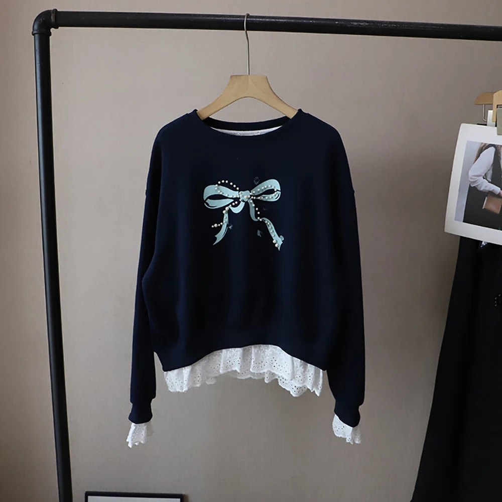 Sweat-shirt coréen en dentelle pour femmes, Patchwork de perles, imprimé avec nœud, col rond, manches tombantes, ample, assorti avec tout, printemps automne