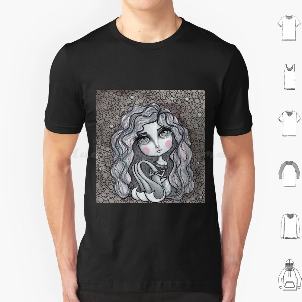 Doodle Mermaid Cutie 3 Of 4 T Shirt 6Xl Cotton Cool Tee Mermaid Big Eyes Black Black And White Cute Doodle Gray Gray Scale