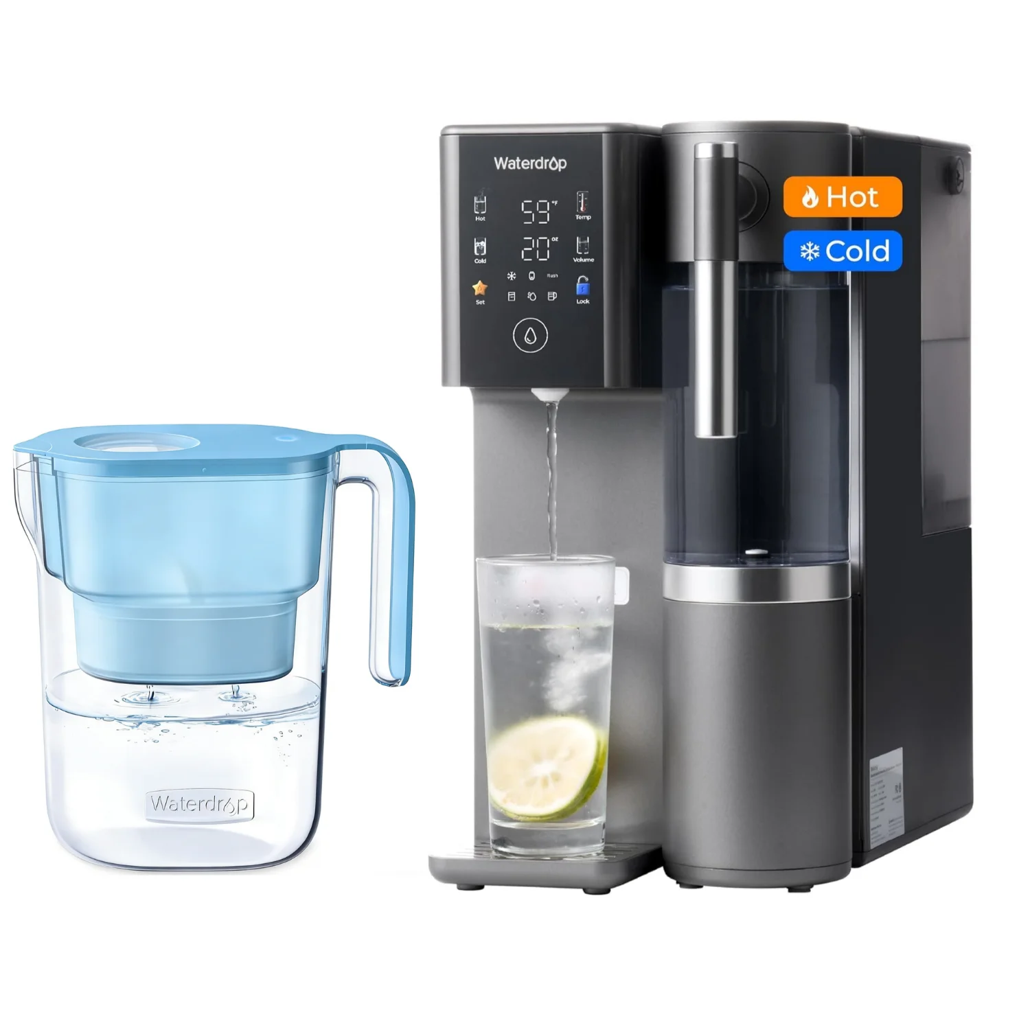 Sistem Reverse Osmosis Countertop Waterdrop WD-A2, Sistem RO Panas dan Dingin, Termasuk Pitcher Filter Air dengan 1 Filter