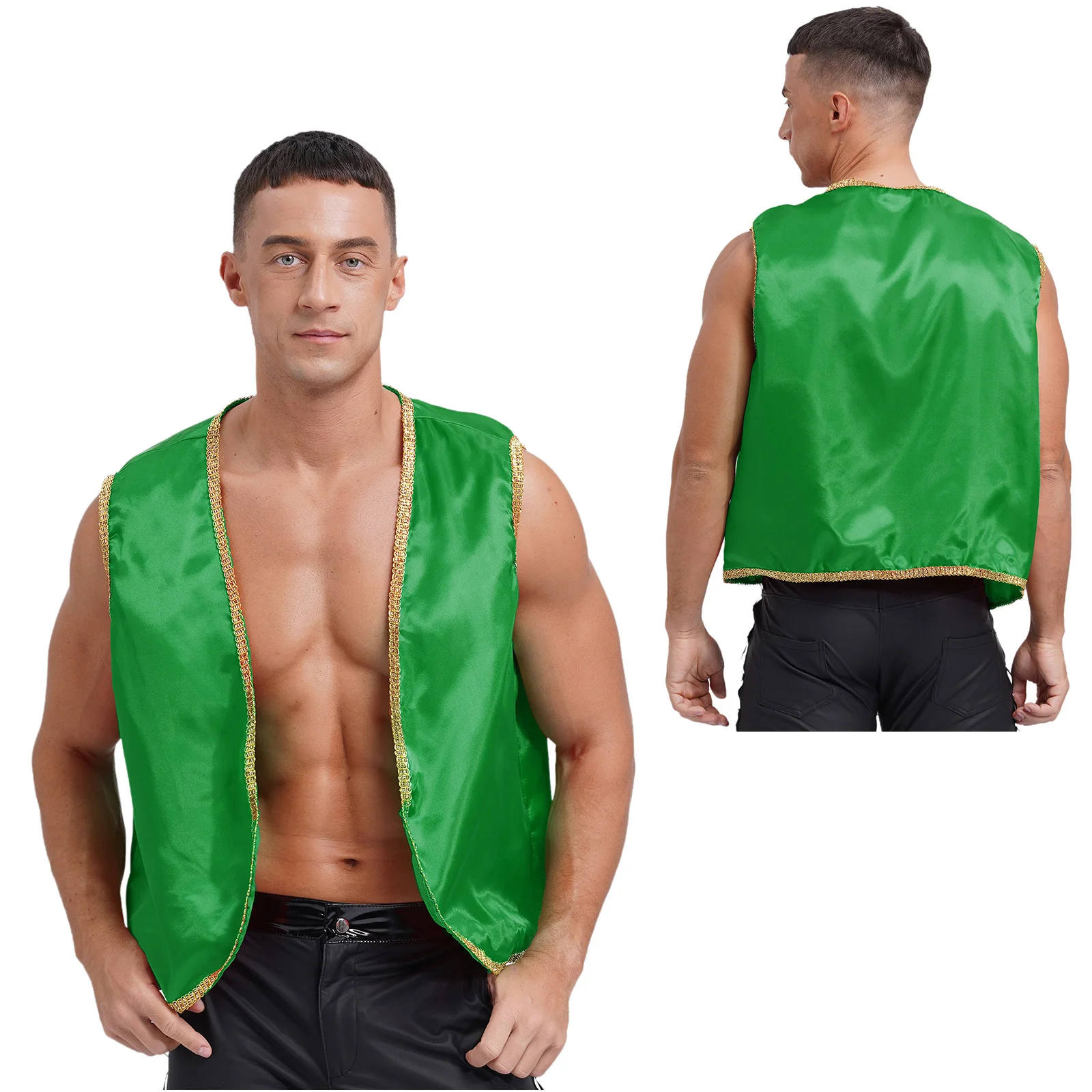 

Men Luxury Arab Genies Waistcoat Halloween Arabian Prince Costume Cosplay Parties Carnival Open Front Golden Vest Dress Up