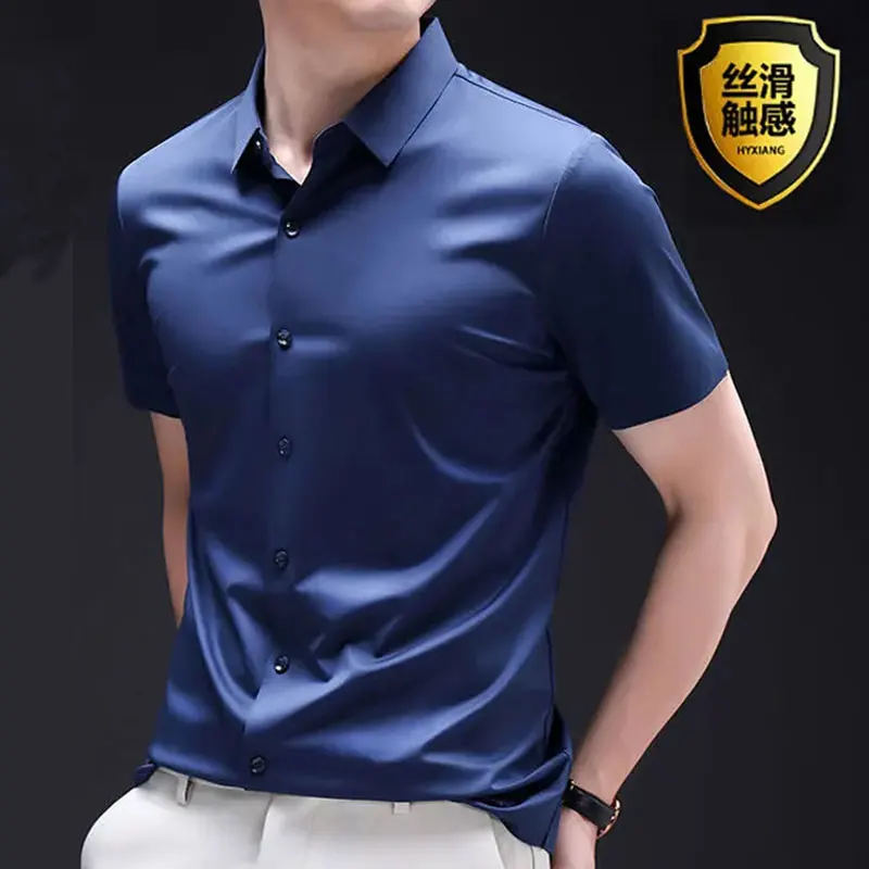 

6XL men's short-sleeved shirt new spring/summer ice silk high quality formal casual solid color no-iron plus size fashion