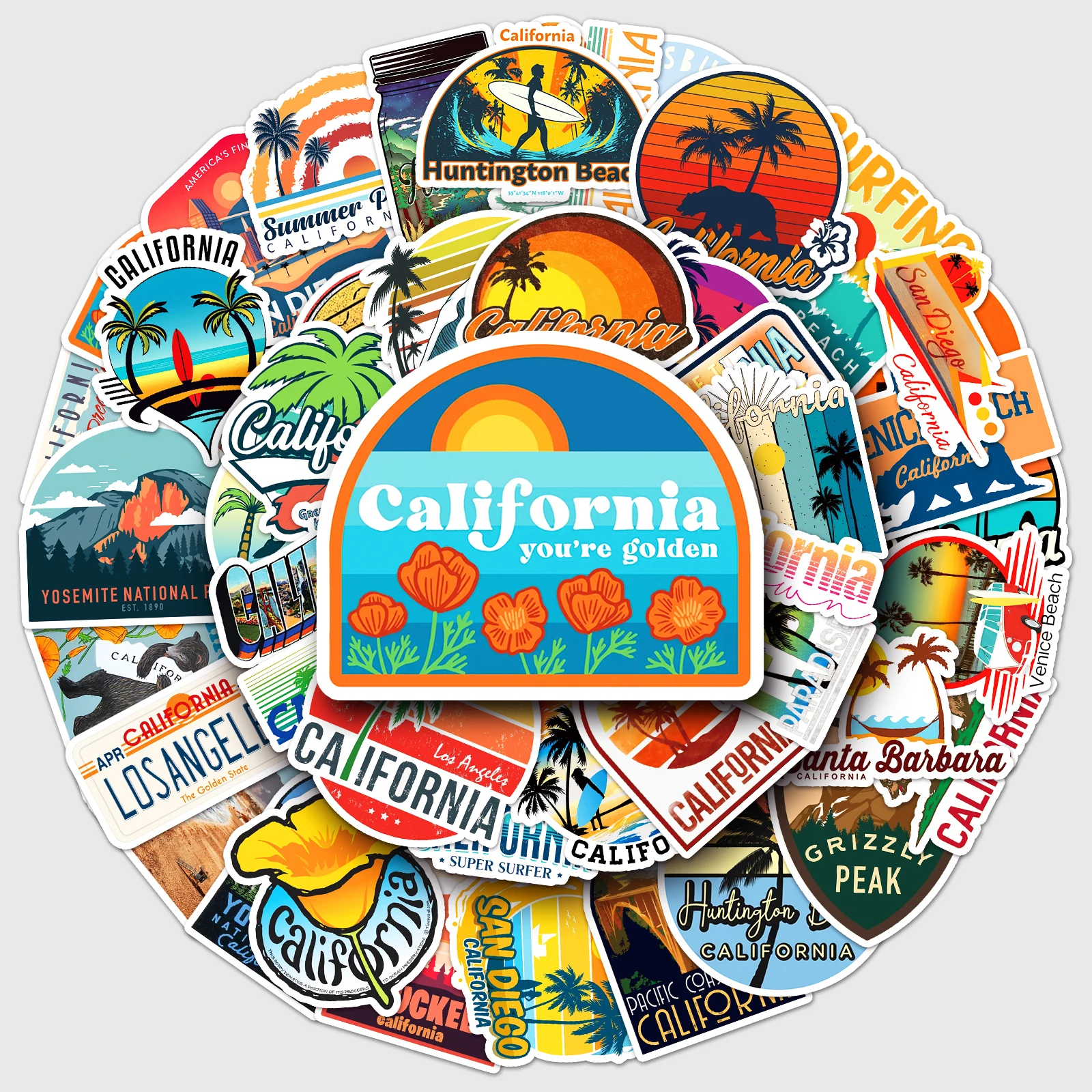 50Pcs California City Series Cartoon Cute Waterproof Sticker Skateboarding Snowboard Retro Vinyl Sticker