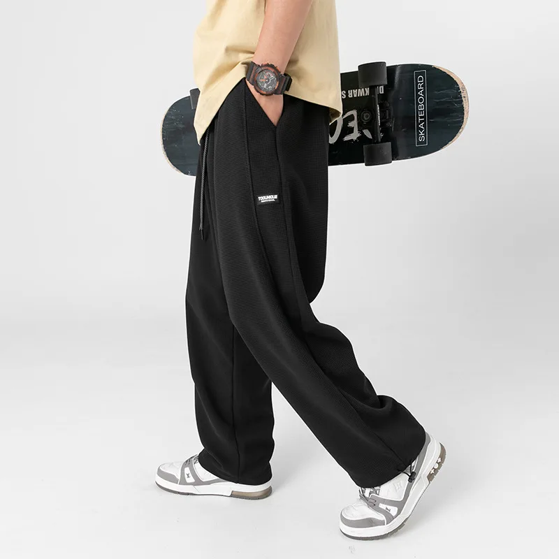 Calça de waffle de algodão solta masculina com cordão reto, casual esportiva japonesa, novidade para primavera e verão, 2022