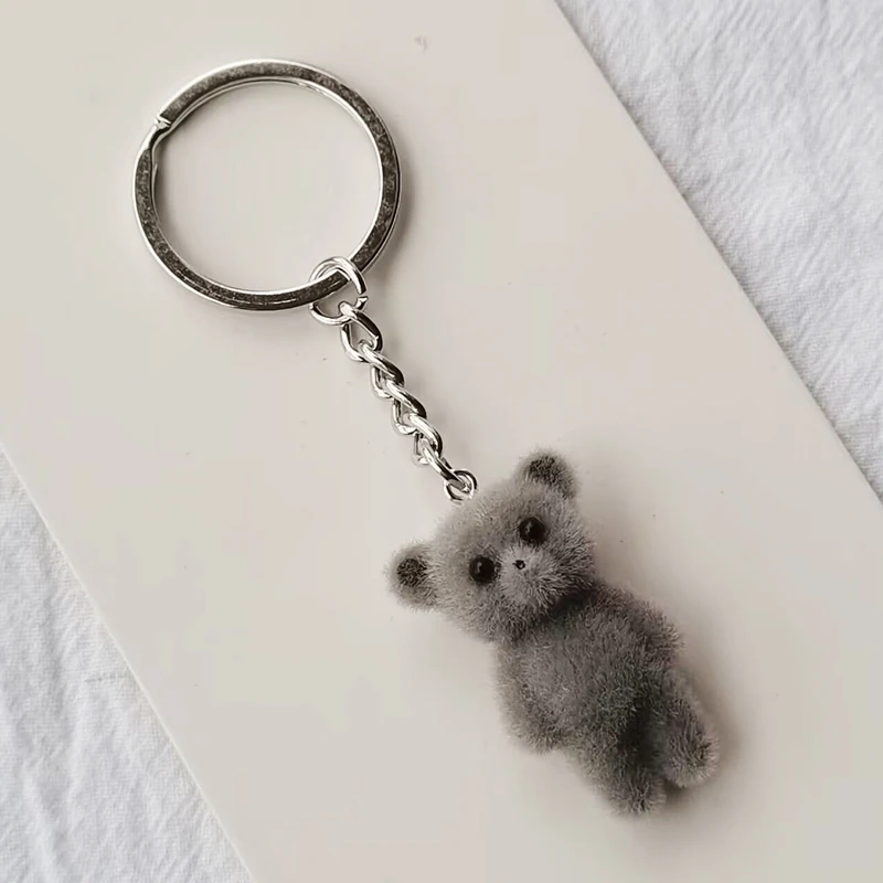 1Pc 3D Cartoon Flocking Bear Keychain for Men and Women, Kawaii Animal Key Ring, Key Chains, Souvenir Gifts, Car Keys, DIY Jewel