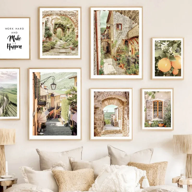 1PC frameless decorative art print,Painting Print Wall Picture Living Room Decor Italy Tuscany Small Town Mediterranean Country