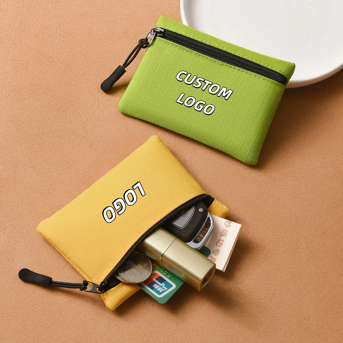 Custom Logo Grid Fabric Zipper Coin Purse Mini Portable Change Pouch Small Wallet for Coins Cards Keys Lipstick Daily Tiny