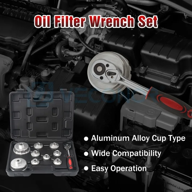 Oil Filter Wrench Cap Engine Filter Sleeve Tool Oil Filter Removal Wrench Socket Set with Special Spanner Portable Storage Case