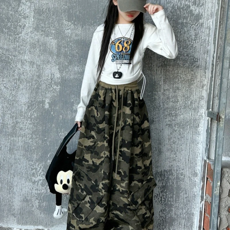 

Брюки карго из камуфляжной ткани для девочек, новая весенне-осенняя модная модель с широкими штанинами для подростков