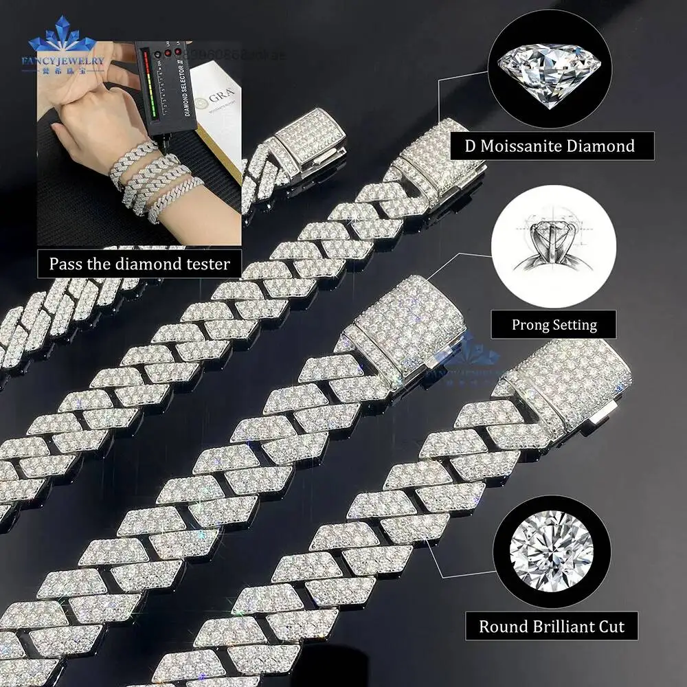 Fashion 8mm 10mm 12mm DEF Color Moissanite Diamond 925 Sterling Silver Over Test Drill Pen Cuban Bracelet Necklace Men's Cuban C