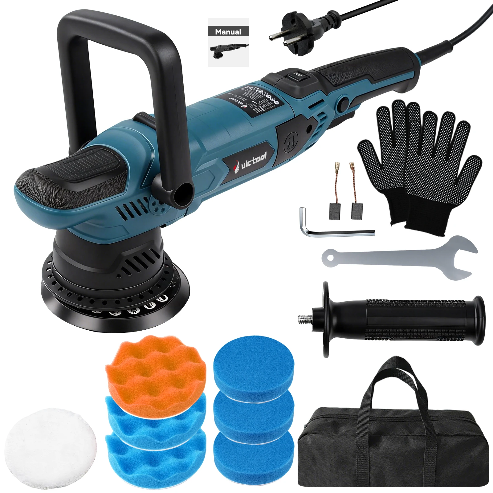 Pulidora Eléctrica para Automóviles Orbit de 15 mm y 1500 W, 220 V con 6 Velocidades (600-3600 RPM), Diseño Ergonómico de Doble Mango de 5 Pulgadas