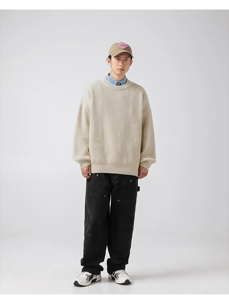 Heavyweight Thick Needle Pit Stripe Texture Sweater Solid Loose Round Neck Knit Jersey Coat man clothes