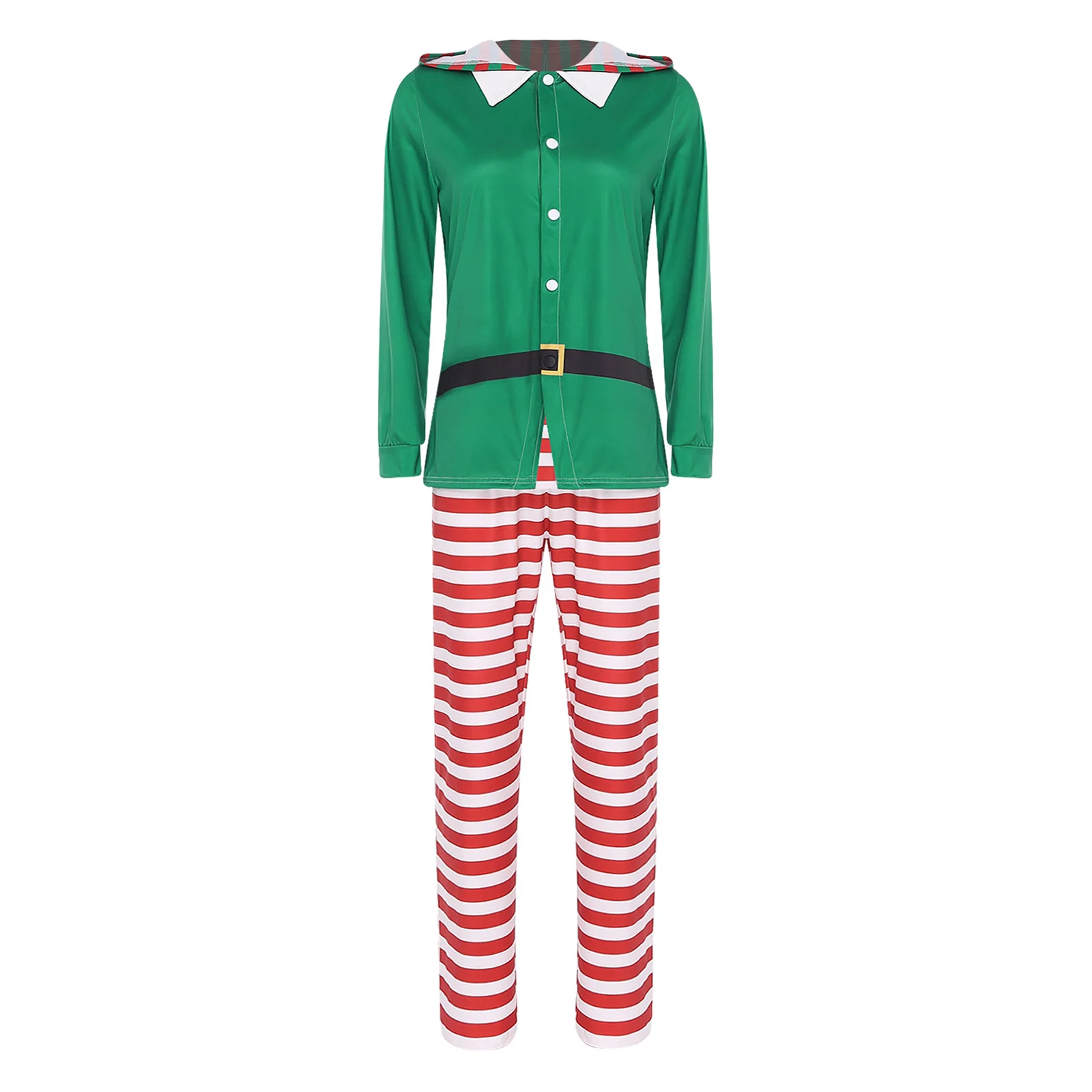 

Womens 2Pcs Christmas Elf Pajamas Costume Long Sleeve Hooded Top with Striped Pants for Xmas Holiday Eve Party Gathering