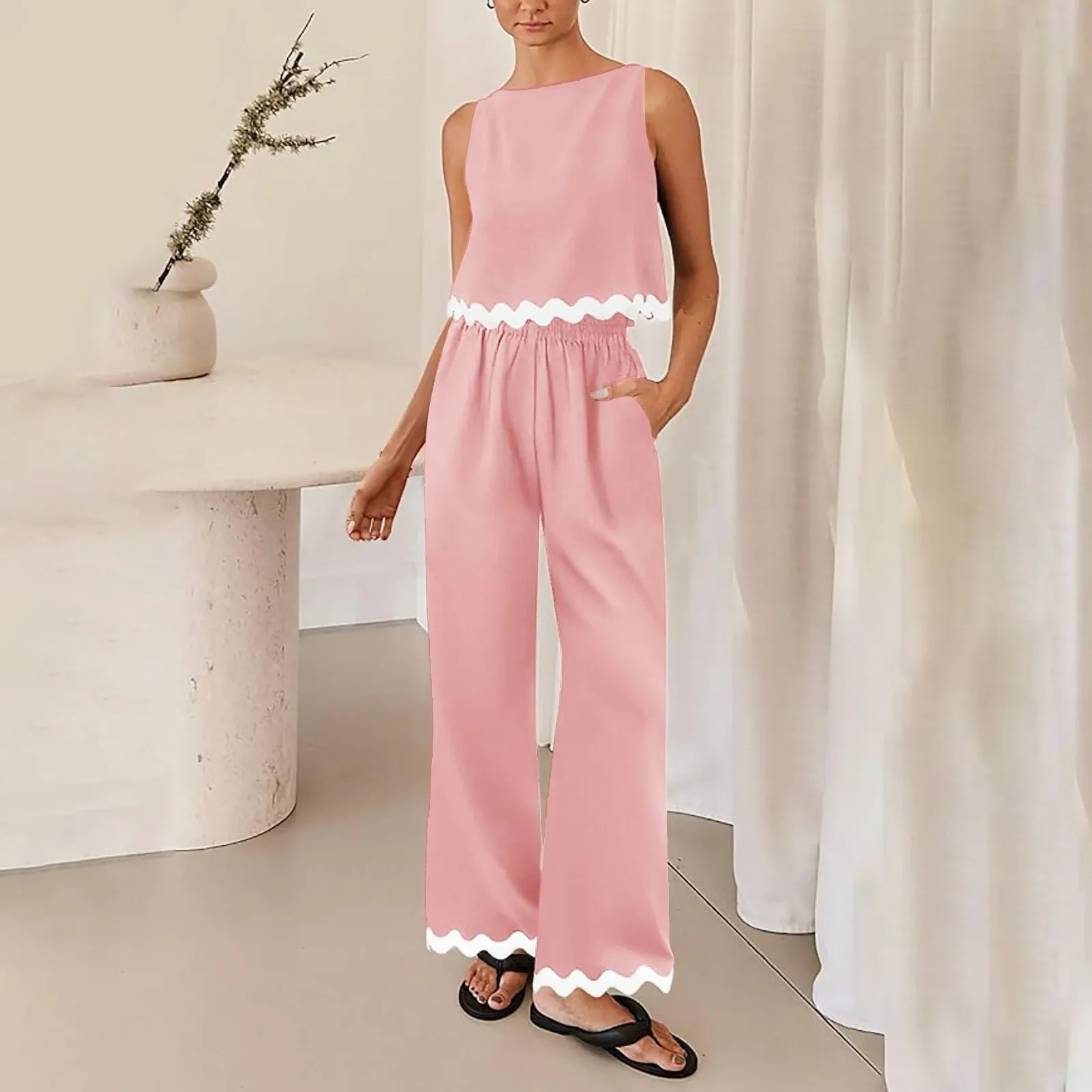 

Summer Solid Vest Top Long Pants 2 Piece Set Fashion Casual Suit New 2024 Female Elegant Office Sweet Sets Women'S Clothing