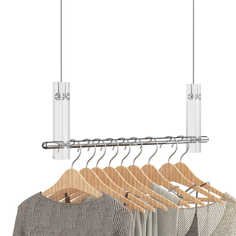 Custom, Acrylic clothing store display rack hanger hanging transparent crystal clothes hanger rod stainless steel brush silver