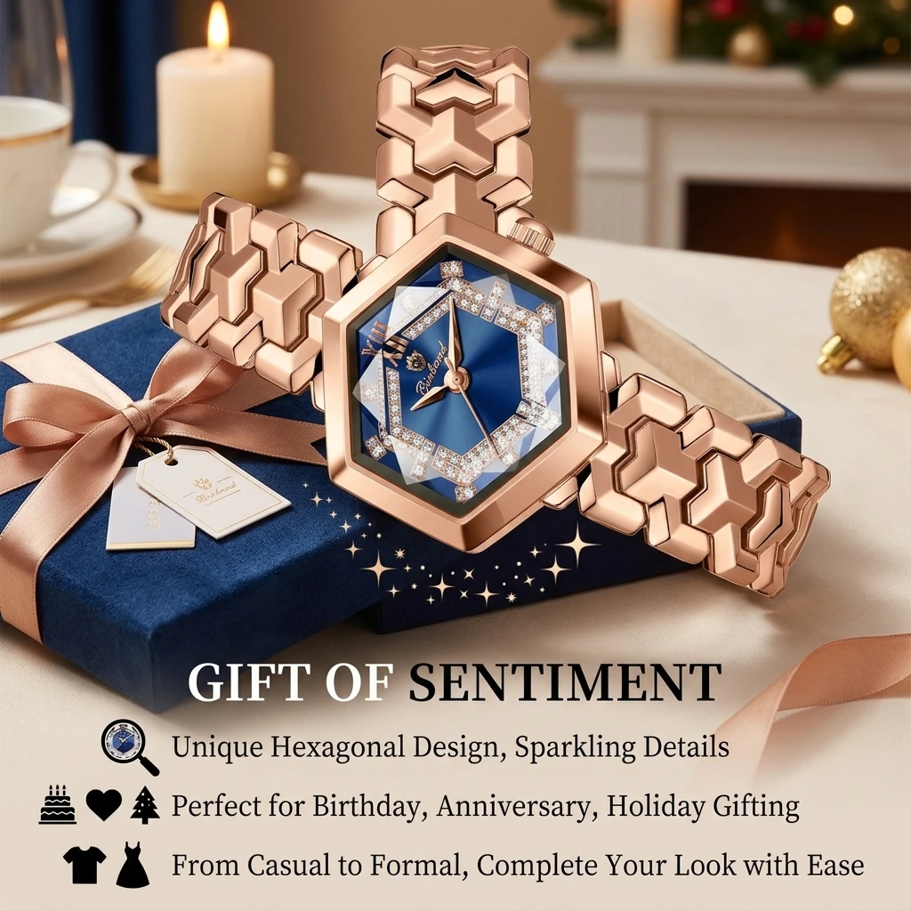 1 Ladies' Ins Style Fashion Watch with Hexagonal Dial, Blue Dial, Rose Gold Chain Strap, Exquisite Embellishment