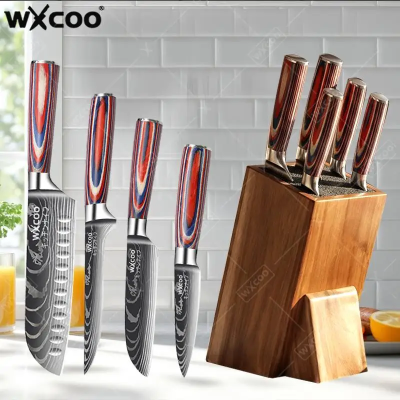 

Набор кухонных ножей WXCOO из нержавеющей стали с подарочной коробкой, профессиональные японские ножи с деревянной ручкой для нарезки фруктов и мяса