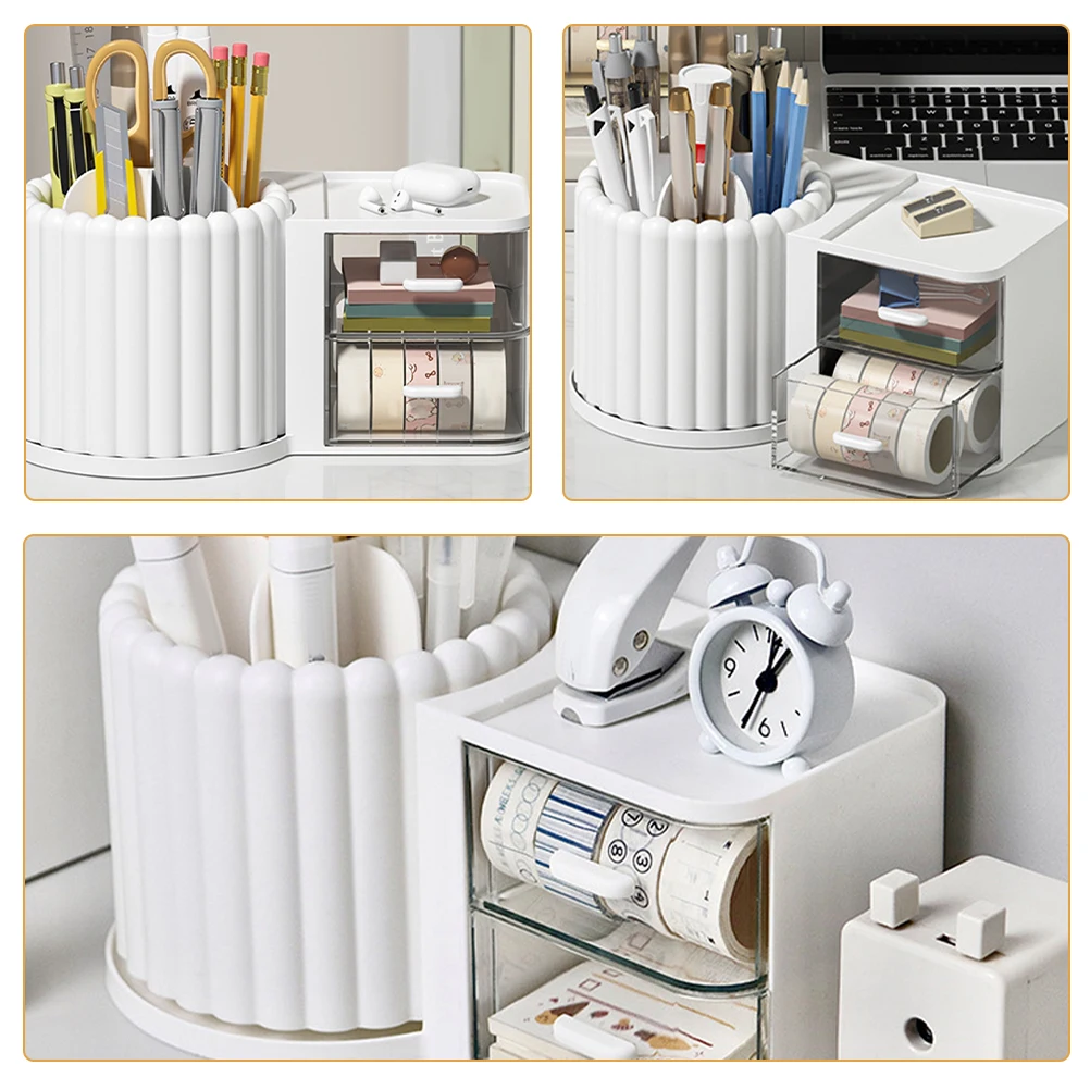 Rotating Pen Holder Storage Box Desk Organizer with Drawer Spinning Pencil Makeup Brush Desktop Multifunction