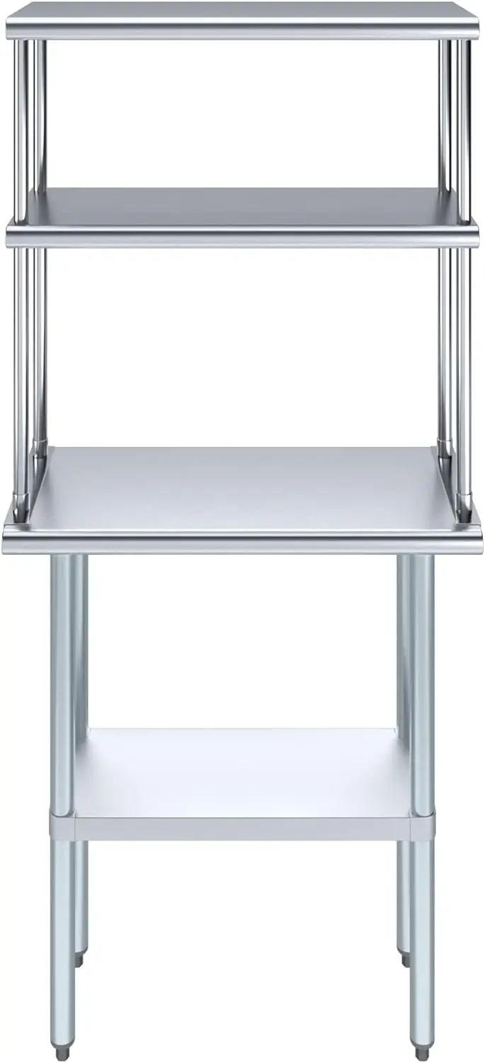 

Metal Kitchen Prep Table & Shelving Combo | NSF (Stainless Steel Table with Double Overshelves, 30" Long x 14" Deep)