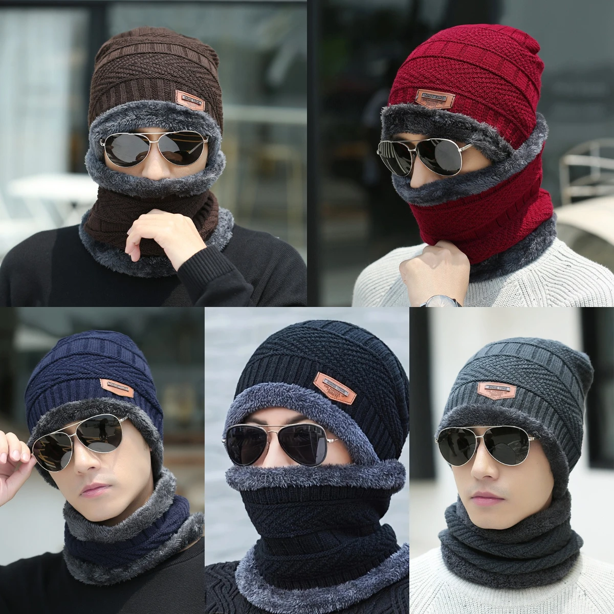 

Unisex Plush Thick Warm Hood Scarf Hat Solid Color Winter Street Trend Hat Two-piece Set Breathable Skin Friendly Knitted Hat