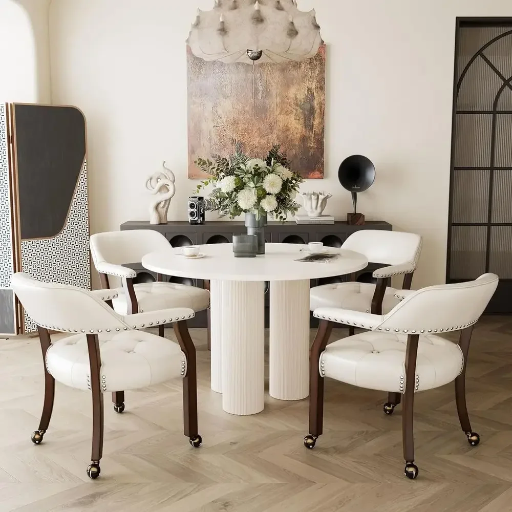 Set of 4 Leather Dining Chairs with Casters and Arms, Accent Chair on Wheels, Wooden Roller Chairs, Cherry & Ivory Kitchen and G