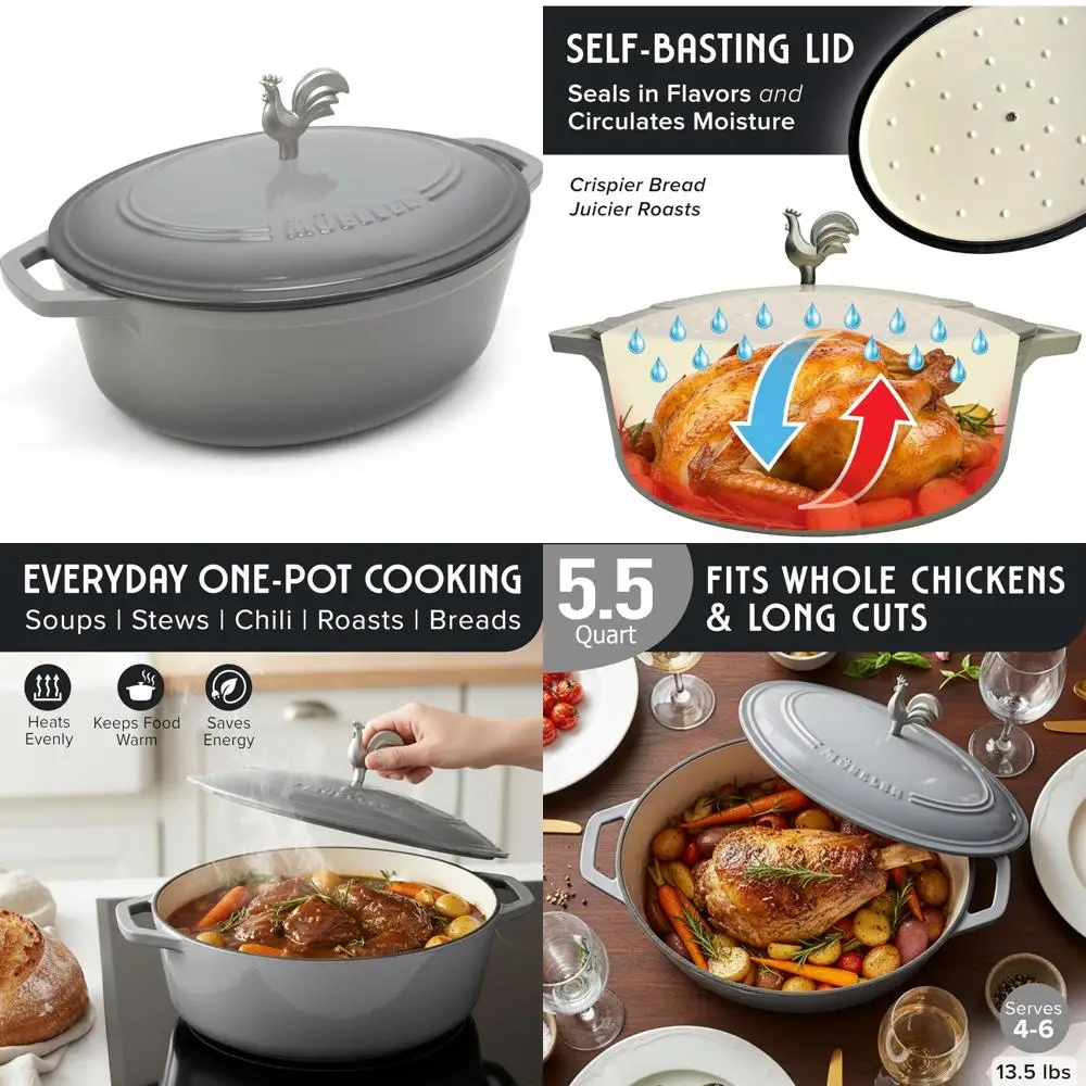 

Овальная голландская духовка из эмалированного чугуна, 5,5 литра, ручка петуха, сверхмощная посуда, безопасная для духовки до 500 ° F, подходит для всех приготовления пищи