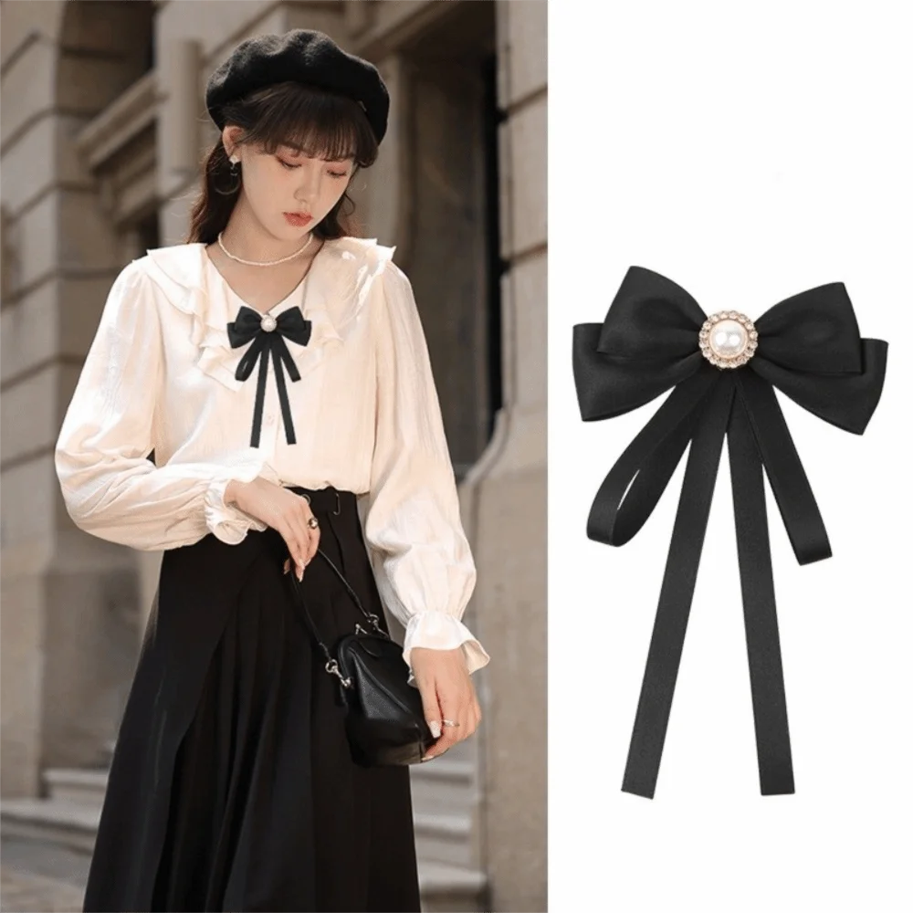 Luxury Rhinestones Black Ribbon Pin Pearl Multi-layer Black Bow Necktie Love Heart Pin Ribbon Badge Brooch Parties