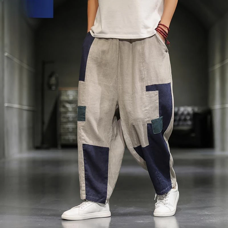 

Men Clothing New Chinese Style Vintage Cotton Linen Thin Casual Nine-point Pants Linen Patchwork Patch Loose Casual Haren Pants