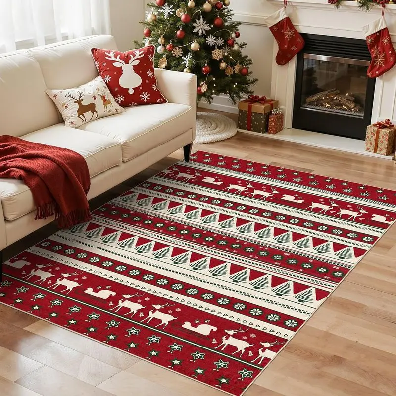 VIKAMA Christmas Crystal Velvet Area Rug Nordic Reindeer Sleigh Xmas Tree Print Non Slip Carpet For Living Room Bedroom Decor