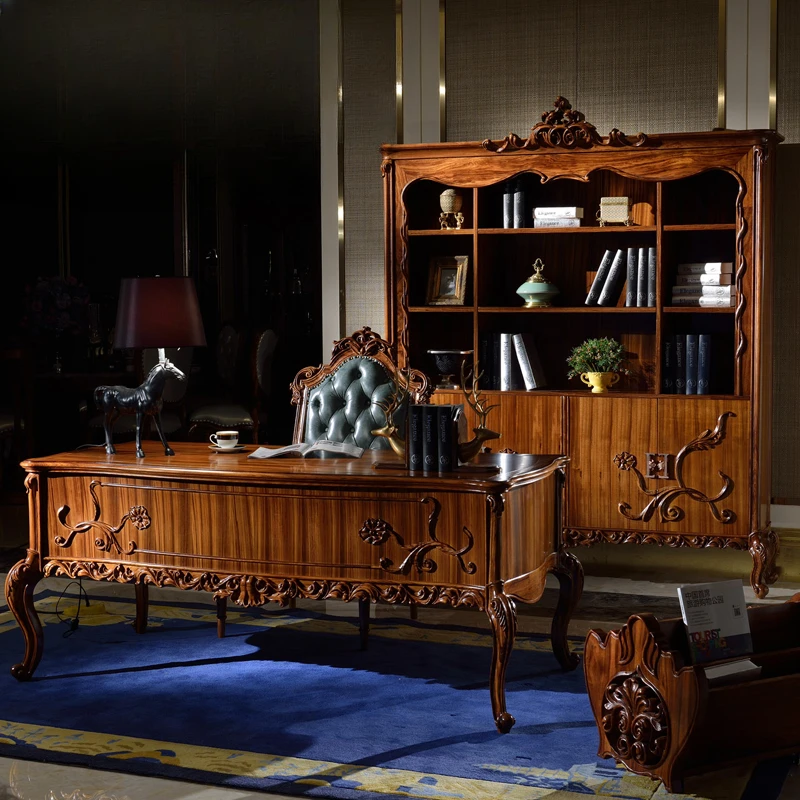 Luxury solid wood carved bookcase and storage cabinet in villa