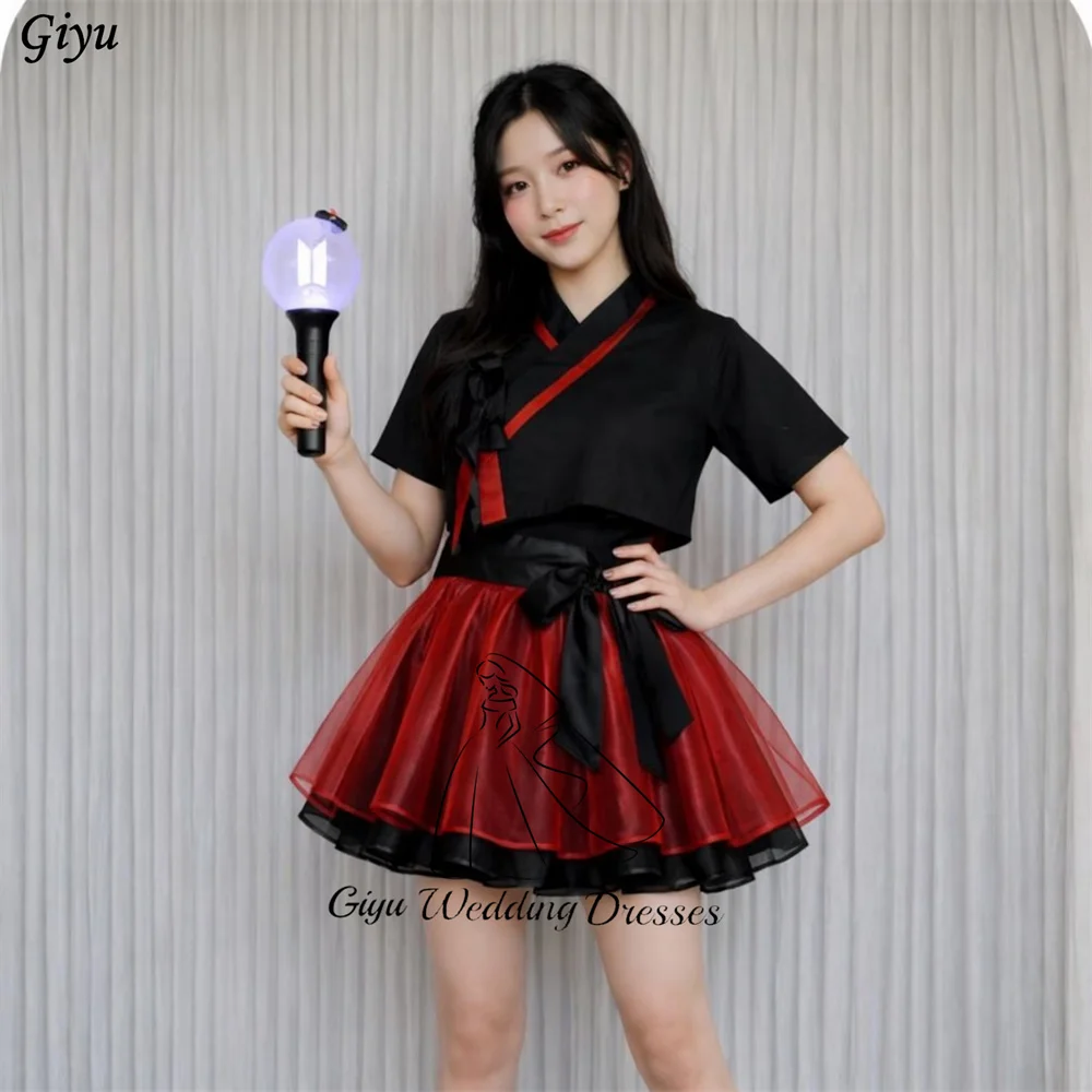 Giyu Simple Mini Hanbook Dress V Neck Short Sleeves Prom Party Dress Contrast Color Korea Wedding Photo Shoot Dress Customized