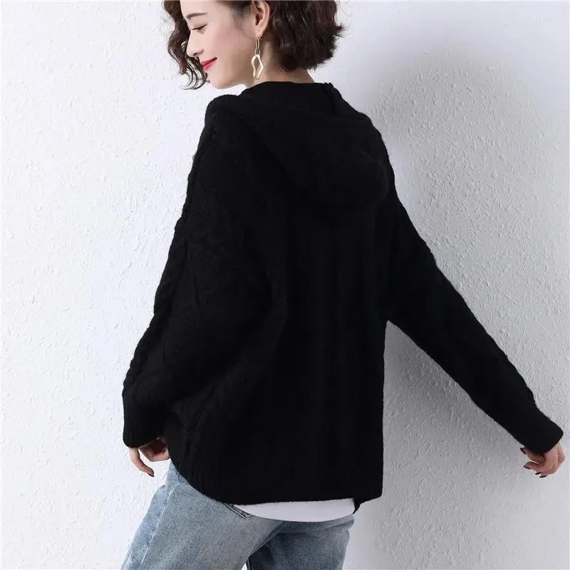 Hooded Knitting 2023 New Autumn Women Coat Diamond Horn Buckle Temperament Thicken Schoolgirl Women Winter Warm Cardigan Jacket