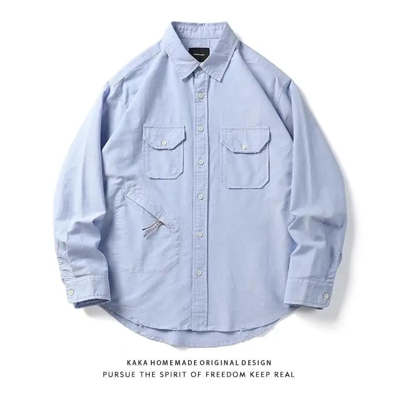 

Ретро-японская свободная рабочая рубашка-куртка с длинными рукавами из чистого хлопка оксфорд с вертикальными полосками и множеством карманов