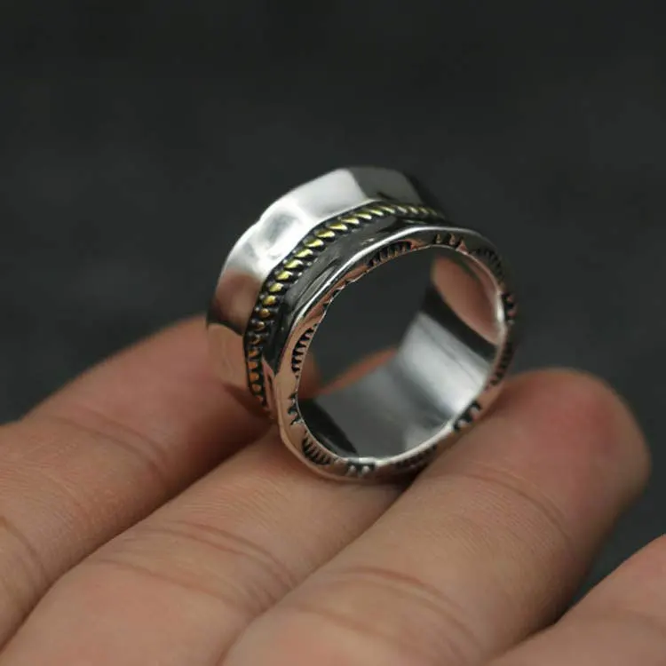 

Thai silver handmade retro gold edge ring 925 sterling silver men's distressed indian ring