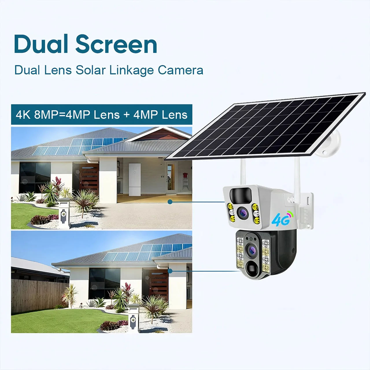 Câmera solar 8mp 4k 4g sim ao ar livre lente dupla sem fio wifi ip cam pir visão noturna rastreamento automático painel solar vigilância cctv