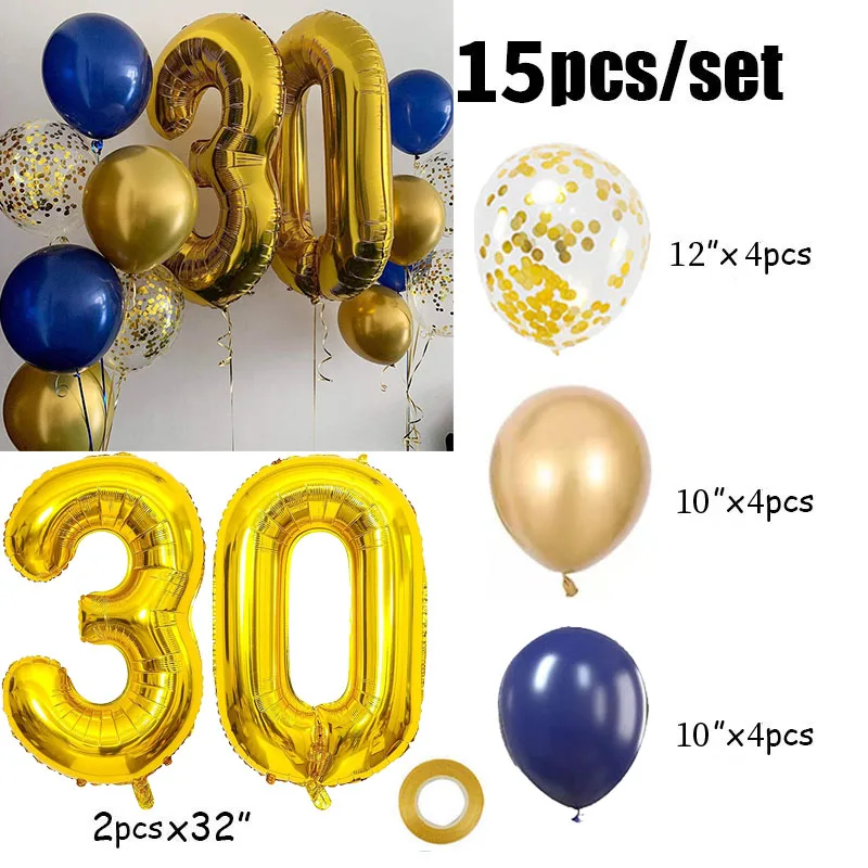 15pcs Navy Blue Gold Number Foil Balloons Happy Birthday Party Decorations Adult Kids 10 11 14 15 18 25 30 35 40 50 60 Year Old