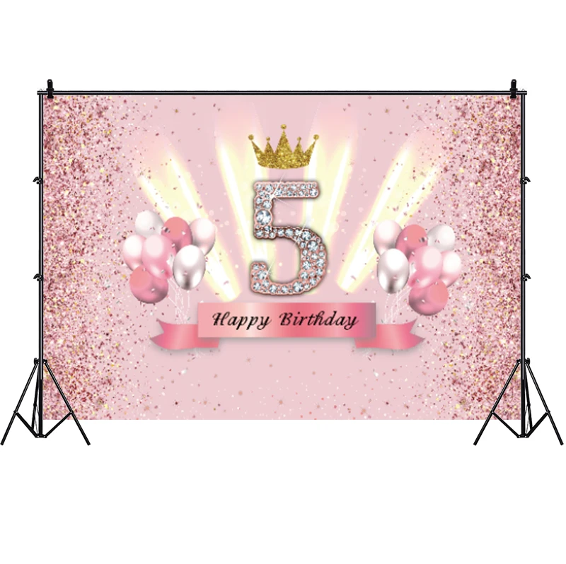 Pink 5th Birthday Backdrop Baby Shower Boys Girls Birthday Party Glod Crown Custom Photography Background Table Cake Decor Prop