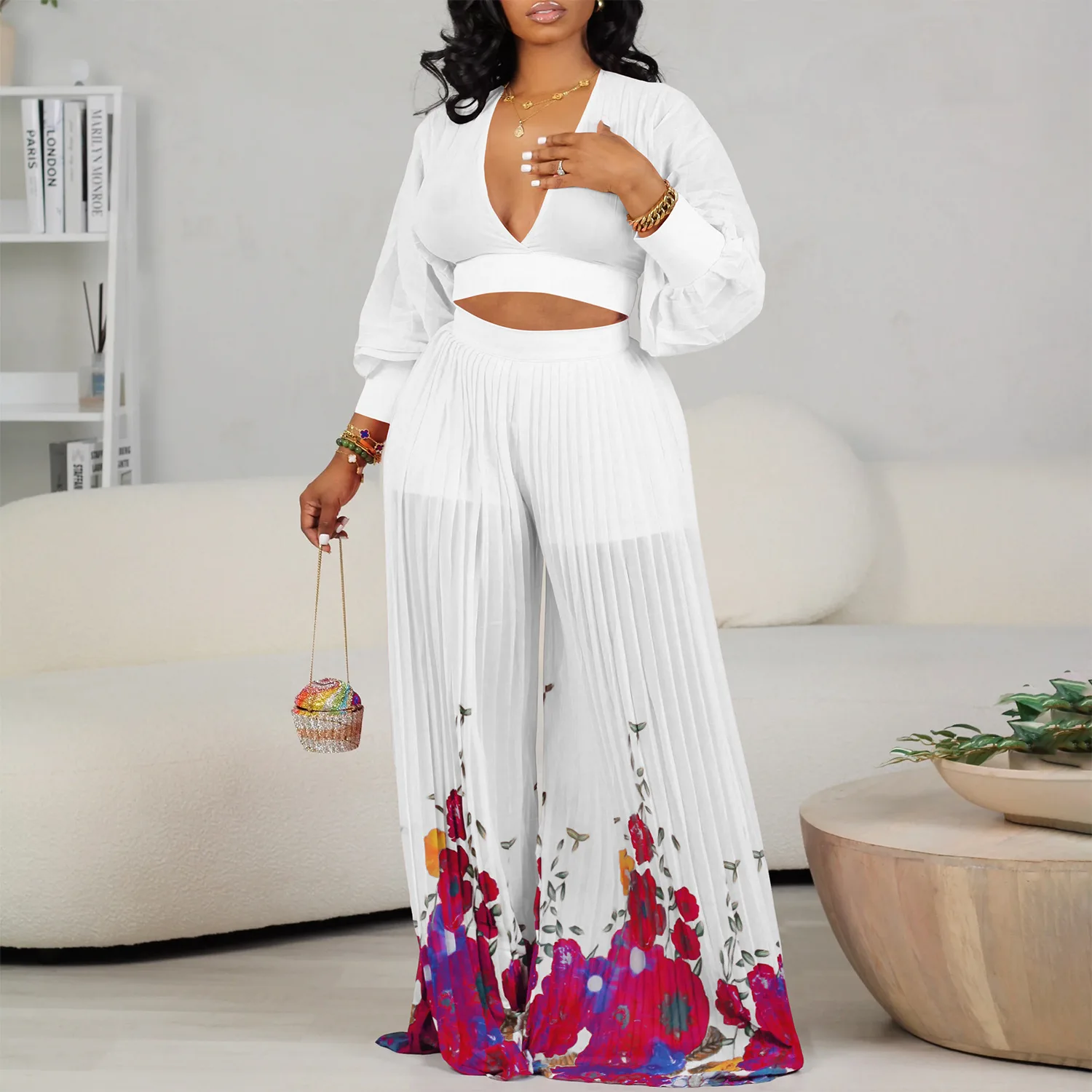 V-neck Chiffon Lantern Sleeve Top Pleated Wide Leg Pants Two-piece Set