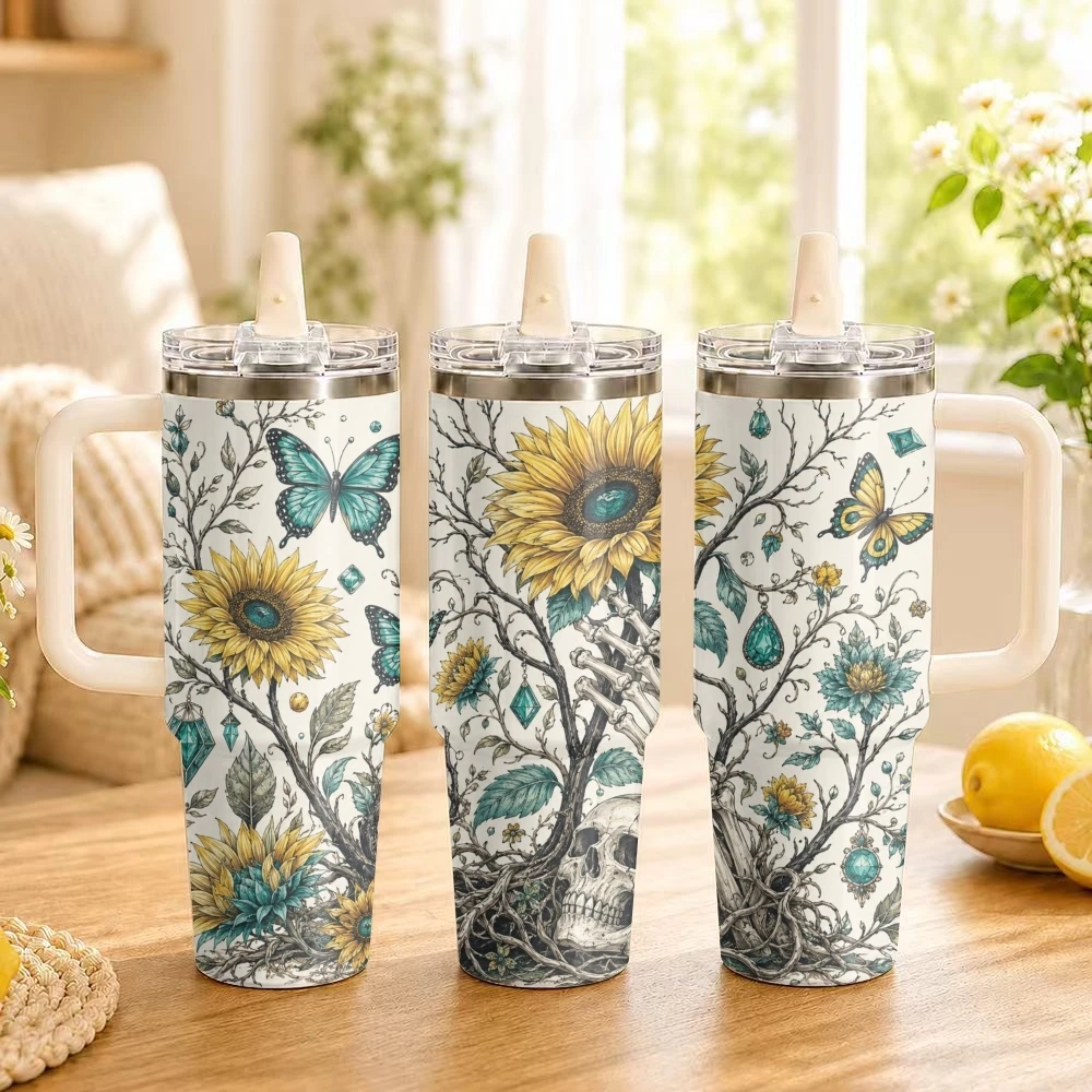 Skull Sunflower Garden Vacuum Flasks 40oz Stainless Steel Insulated Tumbler Leakproof Vacuum Travel Mug Portable Coffee Cup